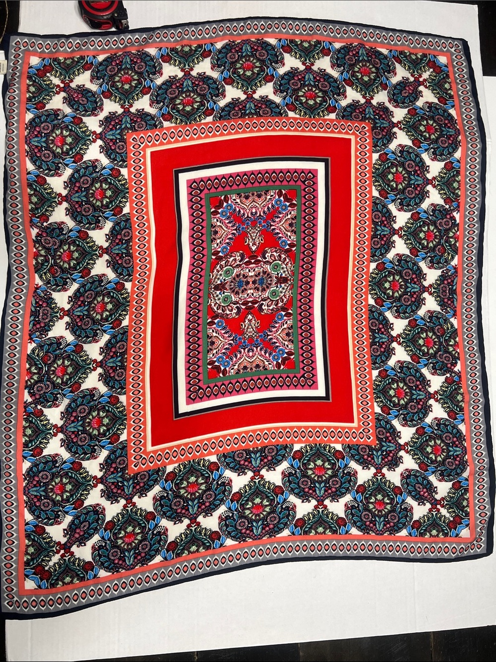 Vibrant Red & Multicolor Paisley Silk-Feel Scarf